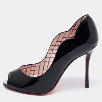 Pre Owned Christian Louboutin Black Patent Leather Chick Up Peep Toe Pumps Size 36