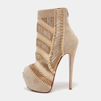 Pre Owned Christian Louboutin Beige Suede and Leather Stitch Me Ankle Booties Size 37.5 