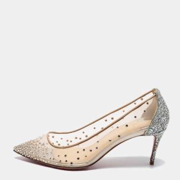 Pre Owned Christian Louboutin Beige/Silver Mesh and Glitter Follies Strass Pumps Size 37.5