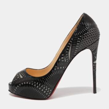 Pre Owned Christian Louboutin Black Patent Leather Suellena Peep Toe Pumps Size 38.5