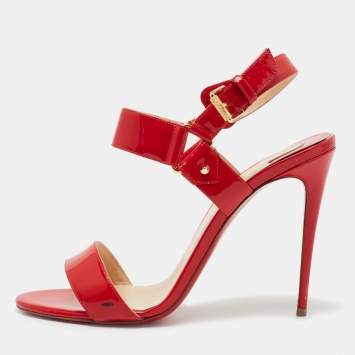 Pre Owned Christian Louboutin Red Patent Leather Ankle Strap Sandals Size 39.5
