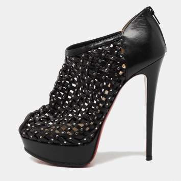 Pre Owned Christian Louboutin Black Leather Kasha Booties Size 38.5