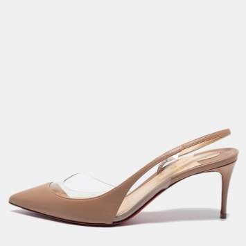 Pre Owned Christian Louboutin Beige Leather and PVC Optisexy Slingback Pumps Size 38