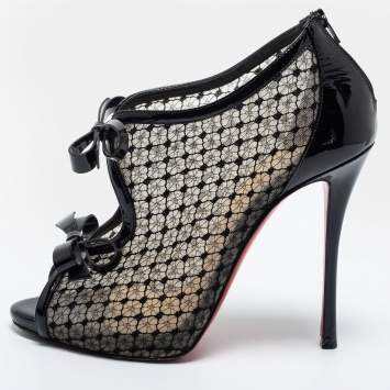 Pre Owned Christian Louboutin Black Patent Leather and Mesh Empiralta Booties Size 37