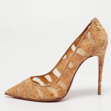 Pre Owned Christian Louboutin Tan Cork and Mesh Pigalle Follies Cork Devore Pumps Size 37.5