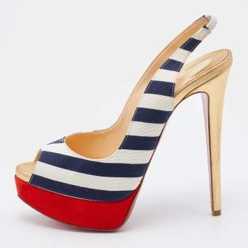 Pre Owned Christian Louboutin White/Navy Blue Stripe Fabric Lady Peep Toe Slingback Platform Pumps Size 37