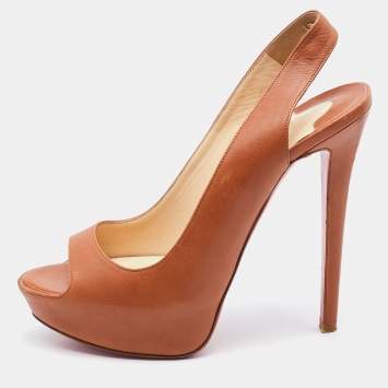 Pre Owned Christian Louboutin Brown Leather Slingback Platform Pumps Size 37.5