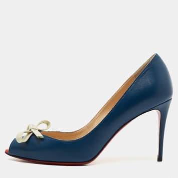 Pre Owned Christian Louboutin Navy Blue Leather Tibunodo Bow Peep Toe Pumps Size 37