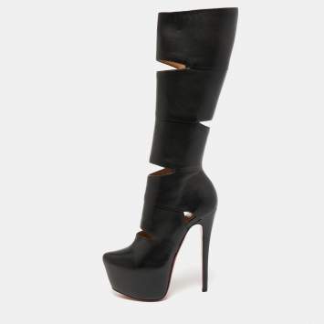 Pre Owned Christian Louboutin Black Leather Bandita Platform Knee Length Boots Size 36.5