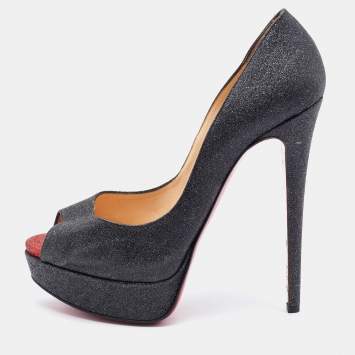 Pre Owned Christian Louboutin Dark Grey Glitter Lady Peep Toe Platform Pumps Size 37