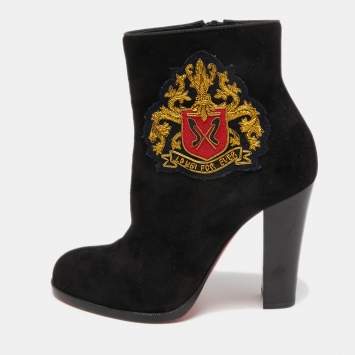Pre Owned Christian Louboutin Black Suede Embroidered Patch Ankle Boots Size 38.5