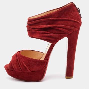 Pre Owned Christian Louboutin Rust Red Suede Bandra Zip Platform Sandals Size 39.5