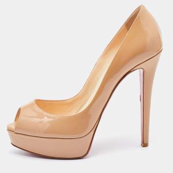 Pre Owned Christian Louboutin Beige Patent Leather Lady Peep Toe Platform Pumps Size 38.5