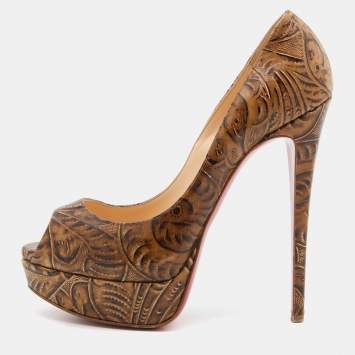 Pre Owned Christian Louboutin Brown Santa Fe Leather Lady Peep Toe Platform Pumps Size 38.5
