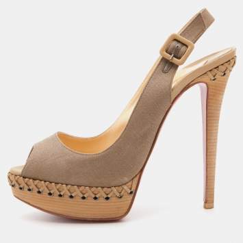 Pre Owned Christian Louboutin Taupe Canvas Indiana Slingback Platform Pumps Size 38.5