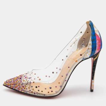 Pre Owned Christian Louboutin Multicolor Printed Lurex Fabric and PVC Degrastrass Pumps Size 36