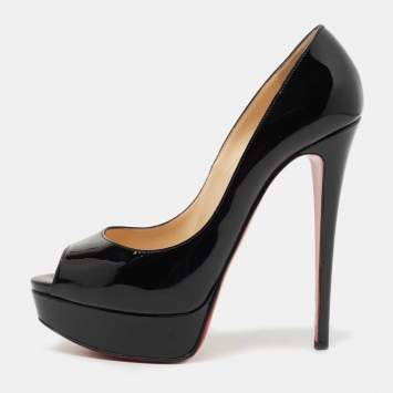 Pre Owned Christian Louboutin Black Patent Leather Lady Peep Pumps Size 38.5
