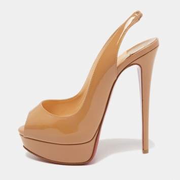 Pre Owned Christian Louboutin Beige Patent Leather Lady Peep Slingback Pumps Size 36.5