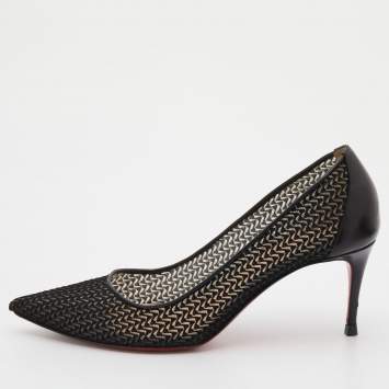 Pre Owned Christian Louboutin Black Chevron Mesh Saramor Maille Pointed Toe Pumps Size 37
