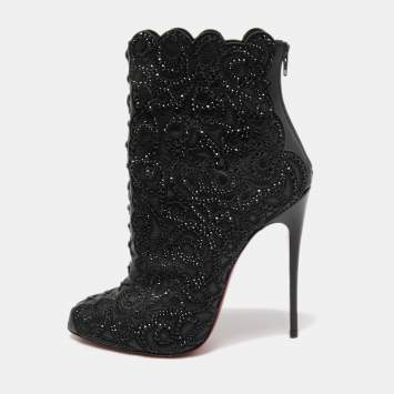 مملوكة مسبقًا Christian Louboutin Black Leather Crystal Embellishment Rihanini 120 Strass Ankle Boots Size 36.5