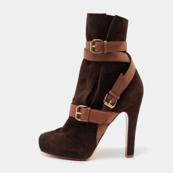 Pre Owned Christian Louboutin Brown Suede Guierriere Calf Length Boots Size 40
