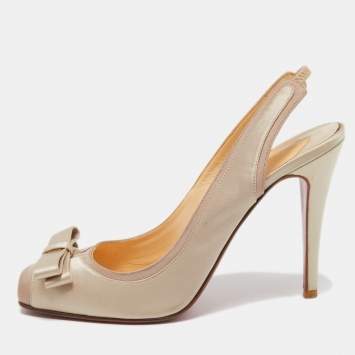 Pre Owned Christian Louboutin Beige Satin and Fabric Nooka Slingback Pumps Size 39.5