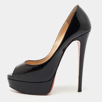 Pre Owned Christian Louboutin Black Patent Leather Lady Peep Pumps Size 37.5