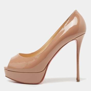 Pre Owned Christian Louboutin Beige Patent Leather Fetish Peep Toe Pumps Size 39