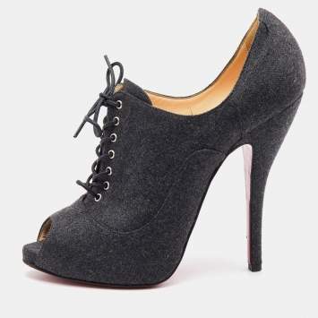 Pre Owned Christian Louboutin Grey Felt Fabric Flannel Lady Peep Toe Lace Up Oxford Booties Size 38