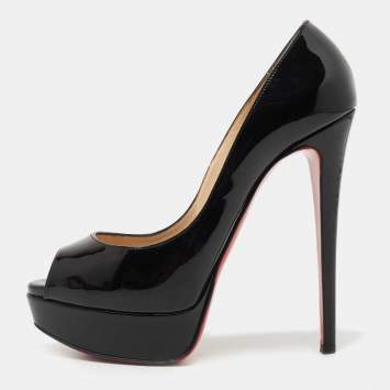 Pre Owned Christian Louboutin Black Patent Leather Lady Peep Pumps Size 37.5