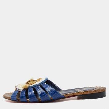 Pre Owned Christian Louboutin Blue/White Lizard Embossed Leather Flat Slides Size 38.5