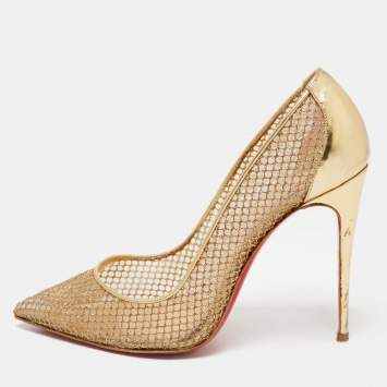 Pre Owned Christian Louboutin Gold Leather and Mesh Follies Resille Pumps Size 38