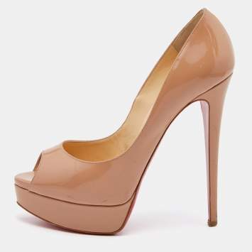 Pre Owned Christian Louboutin Beige Patent Leather Lady Peep Toe Platform Pumps Size 39