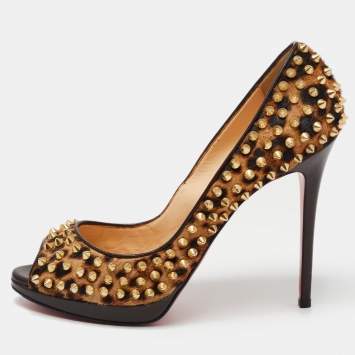 Pre Owned Christian Louboutin Brown Leopard Print Calf Hair Yolanda Spikes Pumps Size 41
