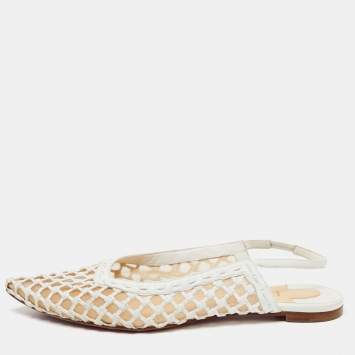 Pre Owned Christian Louboutin White Woven Leather and Mesh Cage Slingback Flats Size 40