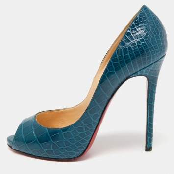 Pre Owned Christian Louboutin Dark Teal Croc Embossed Leather Flo Pumps Size 40.5