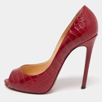 Pre Owned Christian Louboutin Dark Red Croc Embossed Leather Flo Pumps Size 40.5