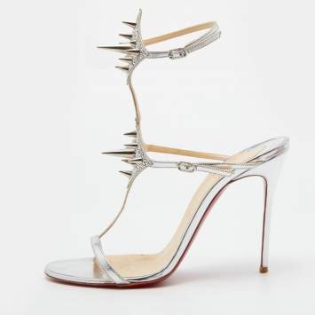 Pre Owned Christian Louboutin Silver Leather Lady Max Spike Ankle Strap Sandals Size 39.5