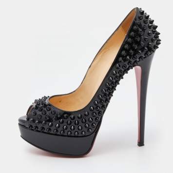 Pre Owned Christian Louboutin Black Patent Lady Peep Spikes Platform Pumps Size 36.5