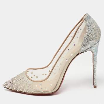Pre Owned Christian Louboutin Beige/Silver Mesh and Coarse Glitter Follies Strass Pumps Size 40.5