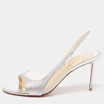 Pre Owned Christian Louboutin Silver Glitter and PVC Optisling Slingback Sandals Size 40