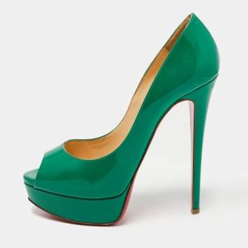 Pre Owned Christian Louboutin Green Patent Leather Lady Peep Pumps Size 38