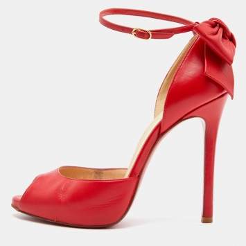 Pre Owned Christian Louboutin Red Leather Dos Noeud Bow Ankle Strap Pumps Size 36.5