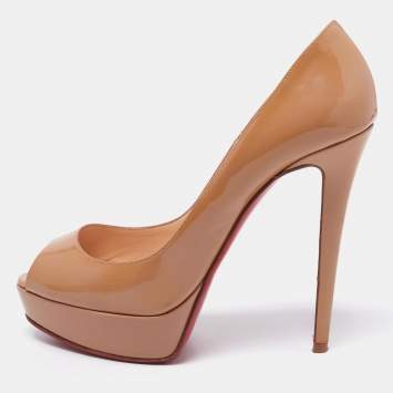 Pre Owned Christian Louboutin Beige Patent Leather Lady Peep Pumps Size 40.5
