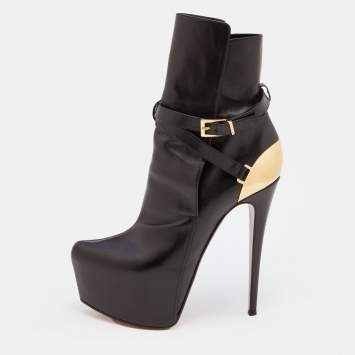 Pre Owned Christian Louboutin Black Leather Equestria Platform Ankle Length Boots Size 40