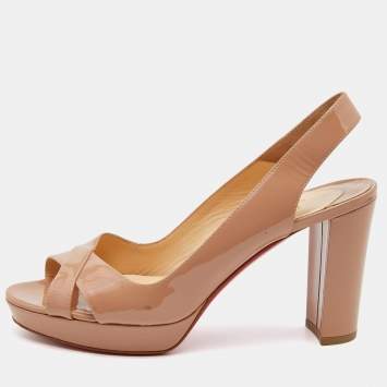 Pre Owned Christian Louboutin Beige Patent Leather Marpoil Platform Slingback Pumps Size 38