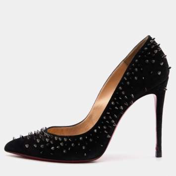 Pre Owned Christian Louboutin Black Suede Studded Escarpic Pointed Toe Pumps Size 37