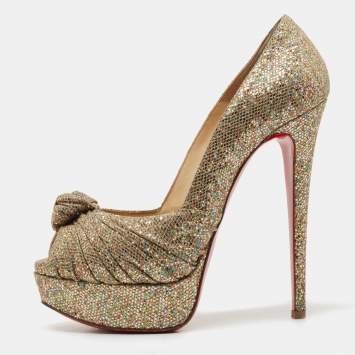 Pre Owned Christian Louboutin Gold Knotted Glitter Fabric  Jenny Platform Pumps Size 36.5