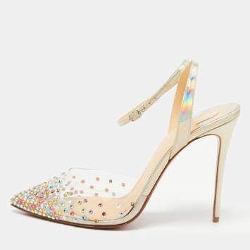 Pre Owned Christian Louboutin Metallic Iridescent Leather and PVC Spikaqueen Ankle Strap Pumps Size 38