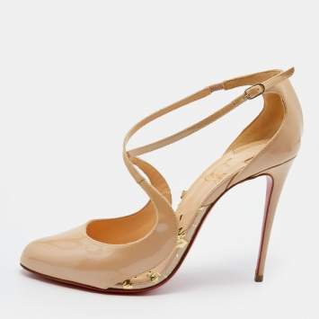 Pre Owned Christian Louboutin Beige Patent Leather Vita Dita Mary Jane Pumps Size 38.5